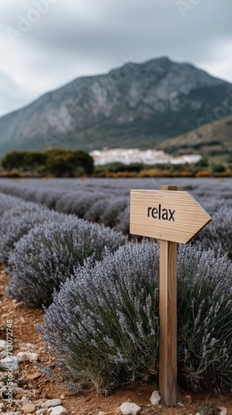 Fototapeta Wooden arrow sign with "relax" text in a lavender field, directing towards a tranquil environment. Summer travel and stress relief concept.