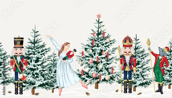 Fototapeta Nutcracker, ballerina, mouse king, Christmas tree, snow, cone seamless border. Merry Christmas, New Year ballet mural.