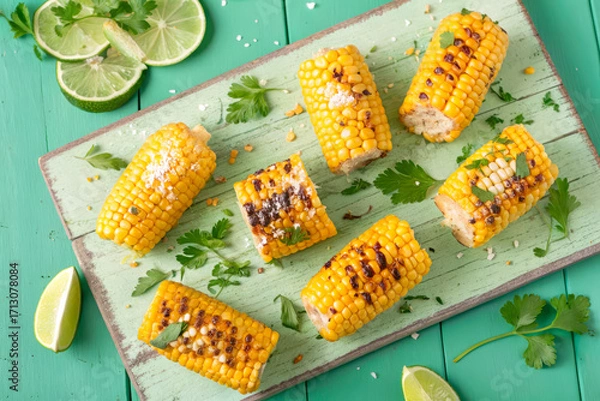 Fototapeta Grilled Corn on Cob with Lime and Cilantro on Rustic Green Background