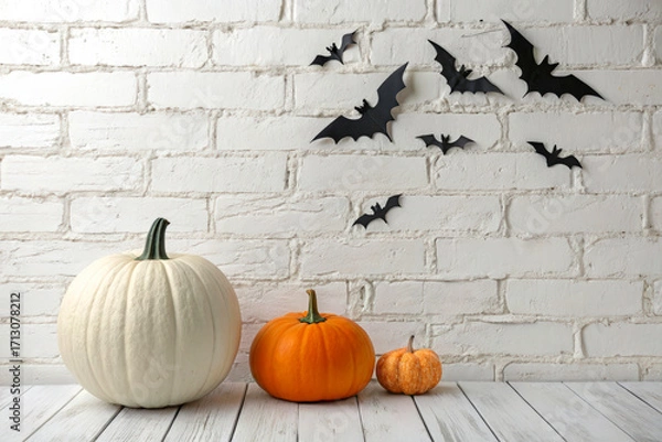 Fototapeta White and Orange Pumpkins with Bats on White Brick Background