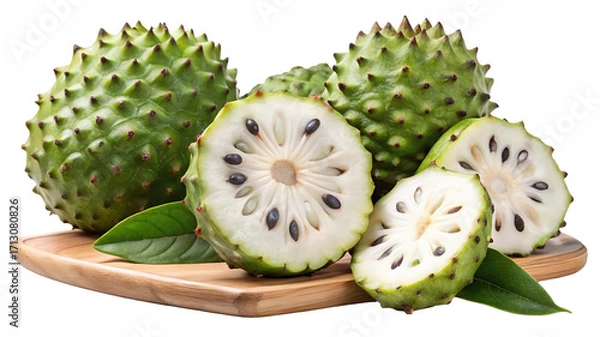 Fototapeta Fresh soursop fruit cut open revealing seeds and pulp isolated on transparent background