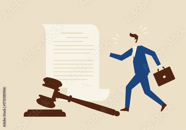 Fototapeta Illustration of a man running from a gavel and legal document.