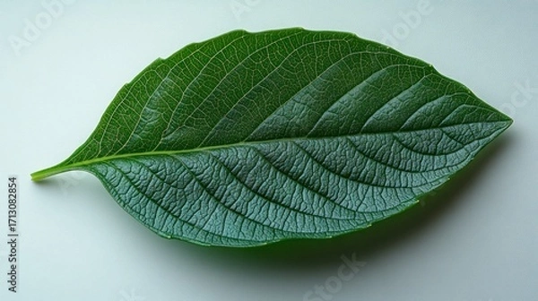 Obraz Macro Shot of a Vibrant Green Leaf Revealing Intricate Vein Patterns and Textured Surface on a Clean, Light Background