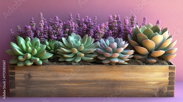 Obraz Vibrant Succulents and Purple Flowers in a Wooden Planter Against a Textured Mauve Wall, Perfect for Home Decor