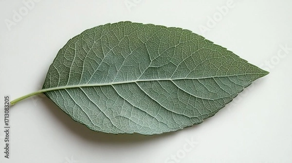 Obraz Detailed Macro Close-up of a Vibrant Green Leaf with Intricate Veins on a Clean White Textured Background