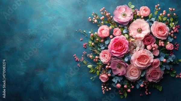 Obraz Elegant arrangement of pink roses, anemones, and berries with lush foliage, beautifully set on a deep teal textured background, top view.