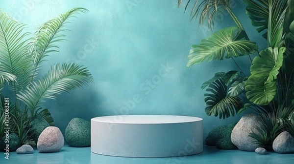 Obraz Modern White Pedestal Display with Lush Tropical Plants and Natural Stones on Textured Teal Background for Product Showcase