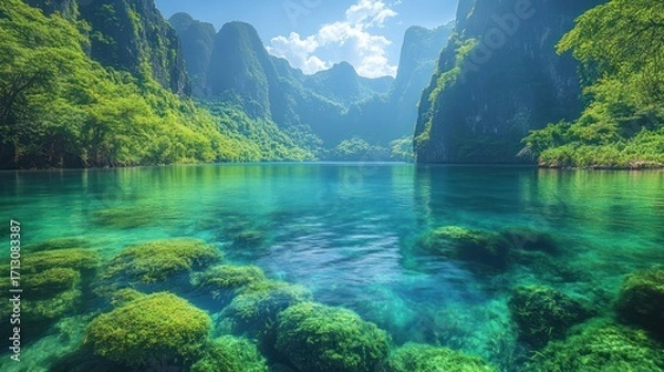 Obraz Breathtaking Emerald and Turquoise Lake Nestled Among Majestic, Lush Green Mountains Under a Serene Blue Sky, Showcasing Crystal Clear Waters and Vibrant Submerged Vegetation