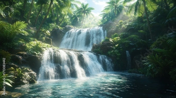 Obraz Vibrant Multi-Tiered Waterfall Cascading Through a Sunlit Tropical Rainforest with Lush Green Foliage and Palm Trees, Creating a Serene and Refreshing Natural Landscape