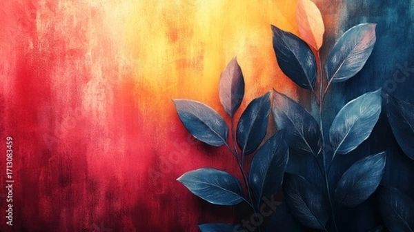 Obraz Vibrant Abstract Botanical Art with Contrasting Red, , Yellow, and Blue Textured Background and Stylized Foliage