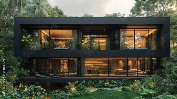 Obraz Striking Modern Two-Story House in a Lush Tropical Jungle with Warm Interior Lighting and Outdoor Living Spaces at Dusk
