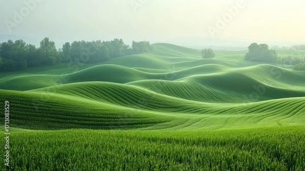 Obraz Panoramic view of lush green rolling hills with undulating field patterns under a soft, misty morning sky, showcasing a serene agricultural landscape.