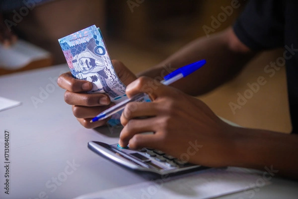 Fototapeta Dark skinned African person working on desk holding Saudi riyal notes in hand and pen pressing punching calculator  on table. accounting concept.