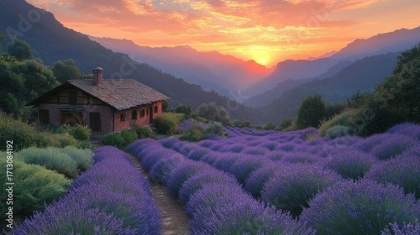 Fototapeta Sunset over a Lavender Field with a Rustic House in a Serene Mountain Valley