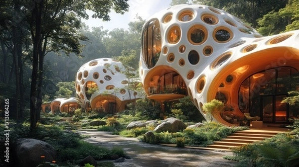Fototapeta Futuristic Organic Architecture: Serene Forest Retreat with Unique Pod Homes and Stream