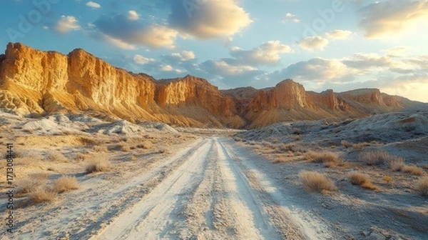 Fototapeta Vast Desert Landscape with Rugged Golden Cliffs and Remote Dirt Road Under a Cloudy Sky at Golden Hour