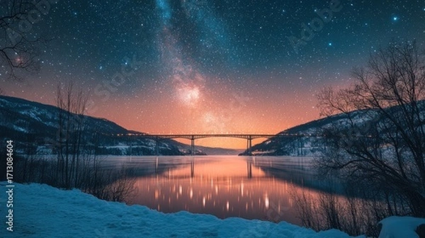 Fototapeta Magical Winter Night: Stars, Milky Way, and Bridge Reflected on Icy Water with Snow-Covered Mountains and Bare Trees