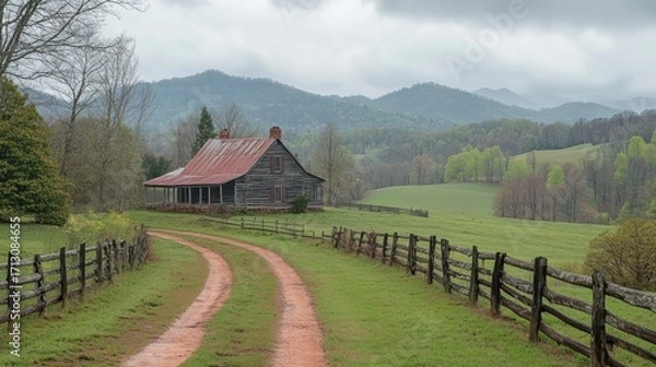 Fototapeta Rustic Log Cabin with Red Metal Roof, Dirt Road, and Split-Rail Fence in a Serene Early Spring Mountain Landscape