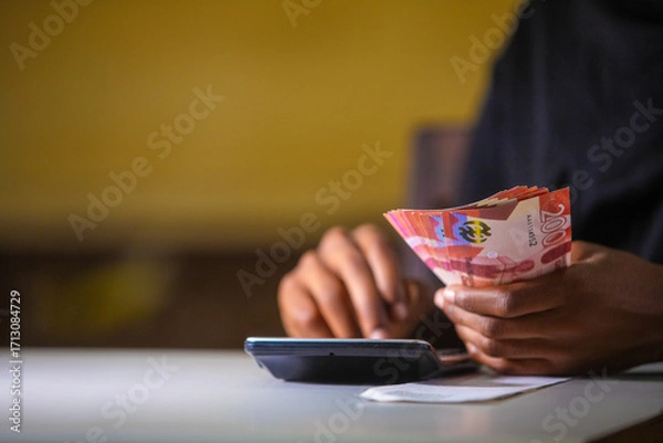 Fototapeta Dark skinned African person working on white desk pressing punching calculator and holding Ghanaian cedi notes in hand. Accounting concept