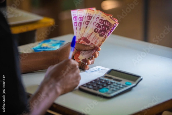 Fototapeta Dark skinned African person working on desk writing in notebook and holding Ghanaian cedi notes in hand. accounting concept