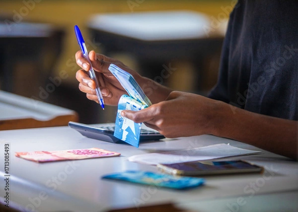 Fototapeta Dark skinned African person working on desk holding counting Ghanaian cedi notes in hand. accounting concept