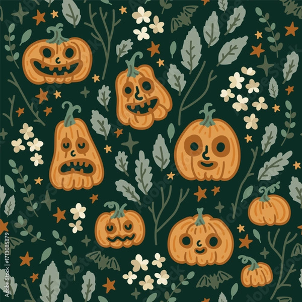 Fototapeta Seamless Halloween pattern with pumpkins and leaf sprigs on a green background. Autumn. Harvest Festival.