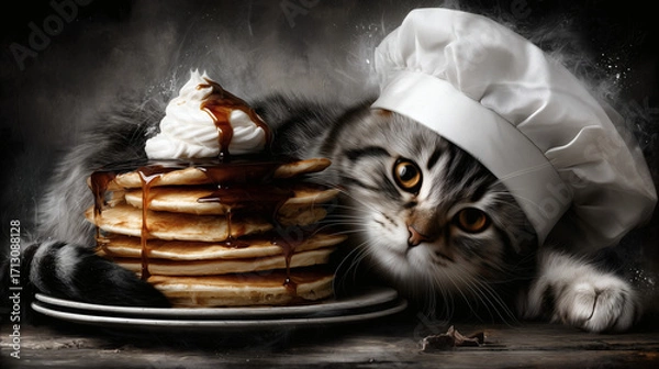 Fototapeta Cute tabby cat in chef hat beside pancake stack with syrup and whipped cream, cozy rustic food scene