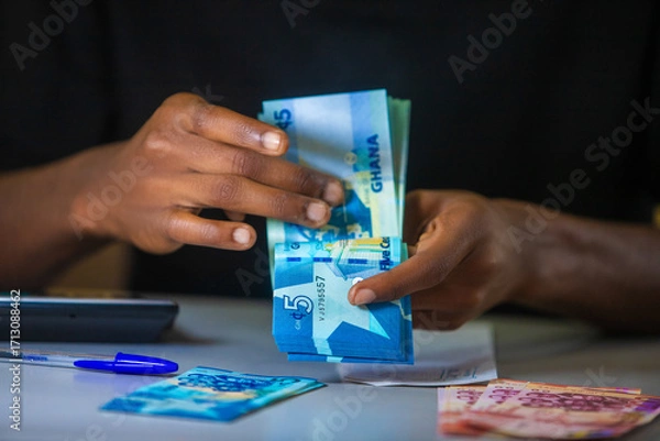 Fototapeta vertical shot of Dark skinned African person working on desk holding counting Ghanaian cedi notes money with some notes on table. accounting concept. 
