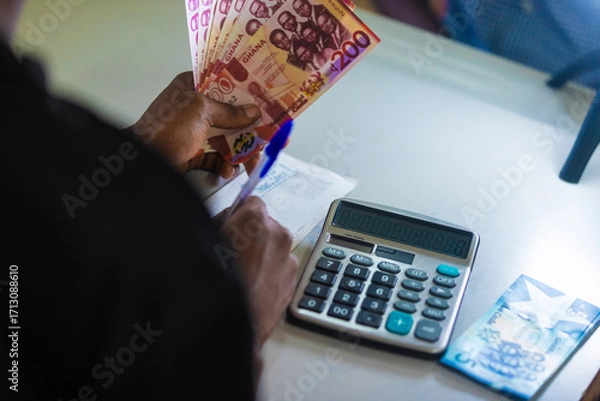 Fototapeta Dark skinned African person working on white desk writing in notebook and holding Ghanaian cedi notes in hand with calculator on table. accounting concept