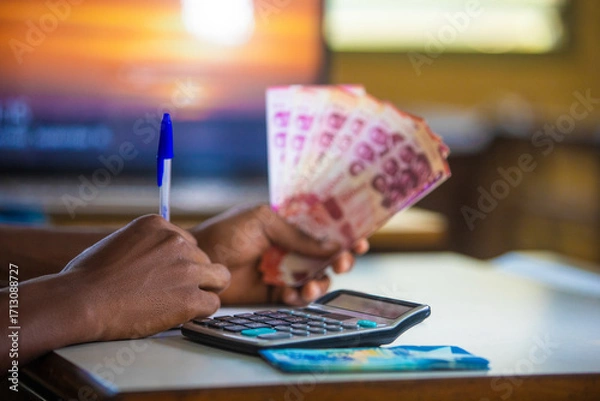 Fototapeta Dark skinned African person working on desk writing in notebook and holding Ghanaian cedi notes in hand. accounting concept