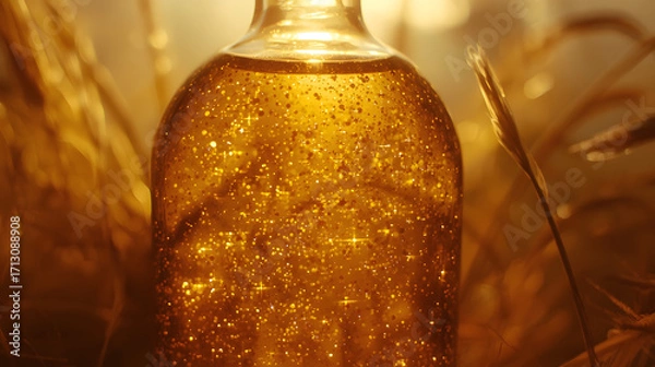 Fototapeta Amber glass bottle filled with microscopic glittering particles suspended in a translucent liquid, illuminated by soft warm sunlight that filters through the glass, casting a mystical glow and creatin