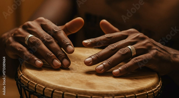 Fototapeta Close-up of hands playing a traditional drum with worn rings. AI-generated image