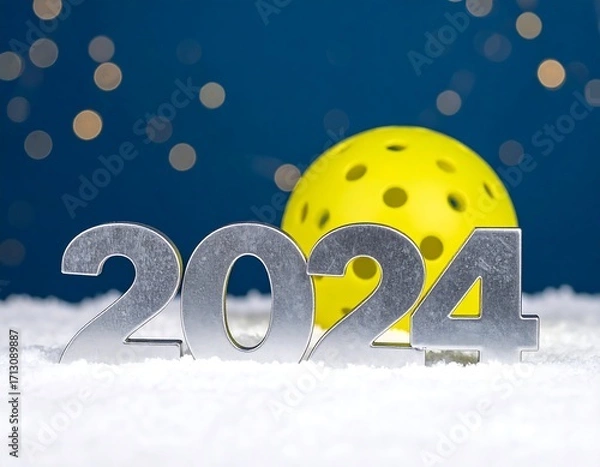 Fototapeta Silver 2024 numerals on snow with a yellow pickleball