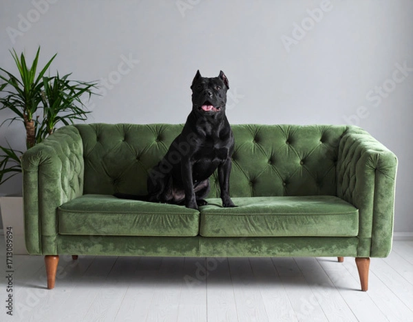 Fototapeta A black dog sits on a green velvet sofa in a modern setting. AI-generated image.