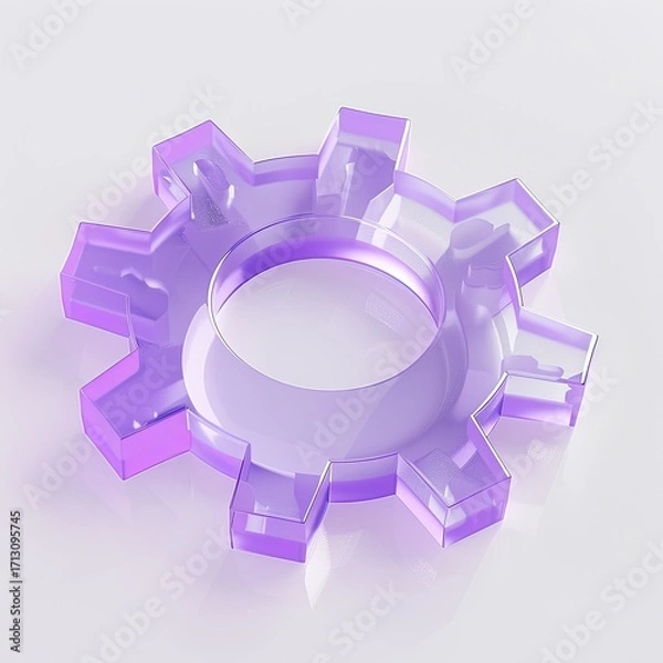 Fototapeta A translucent lavender gear, rendered in 3D, rests on a white, reflective surface, casting a subtle shadow.  Its facets are clearly defined, showcasing a polished, glassy texture