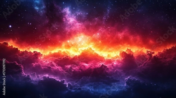 Fototapeta Vibrant Cosmic Nebula with Fiery and Red Clouds Blending into Purple and Blue under a Starry Sky