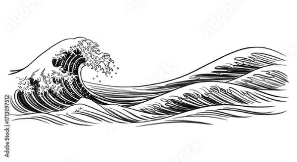 Fototapeta Dynamic ink sketch captures powerful ocean waves crashing with dramatic energy and motion