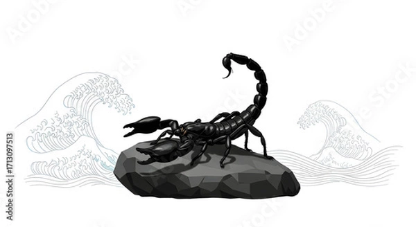 Fototapeta Powerful black scorpion poised on rock amidst stylized ocean waves, symbolizing danger and strength