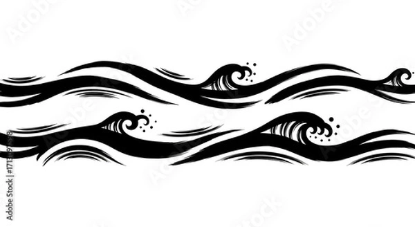 Fototapeta Dynamic black ink waves create a powerful, modern ocean border design
