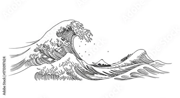 Fototapeta Dynamic Japanese wave art captures Mount Fuji and boats in a powerful ocean scene