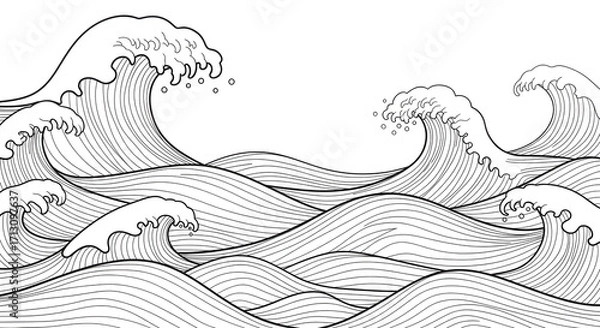 Fototapeta Dynamic ocean waves in a bold black and white line art style perfect for modern design projects