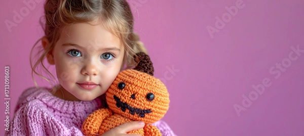 Fototapeta A happy young girl in a cozy, pink knitted sweater holds a cute, crocheted pumpkin toy against a vibrant purple background. Her gentle smile and the soft, warm lighting create a sweet and cheerful moo