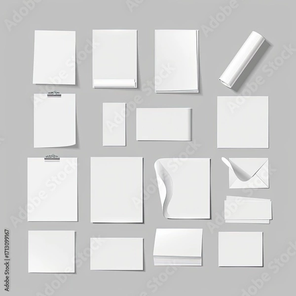 Fototapeta A digital illustration showcases an array of blank stationery items, including sheets of paper, envelopes, notepads, and a rolled-up poster, all arranged neatly against a neutral gray backdrop
