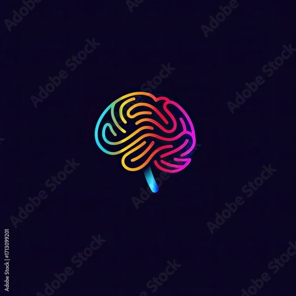 Fototapeta A vibrant, stylized illustration of a brain, rendered in a spectrum of colors on a dark background.  The lines are smooth and the overall aesthetic is modern and clean