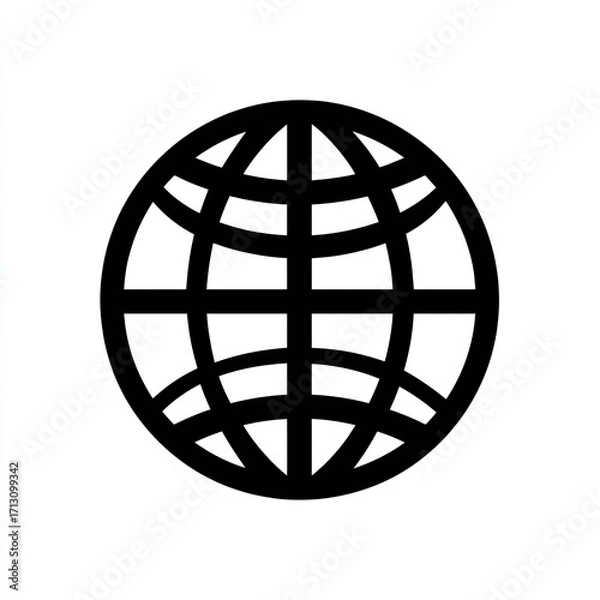 Fototapeta A simple, bold black globe icon on a white background, symbolizing global connectivity or internet access.  The lines are thick and evenly spaced, creating a clean, minimalist design