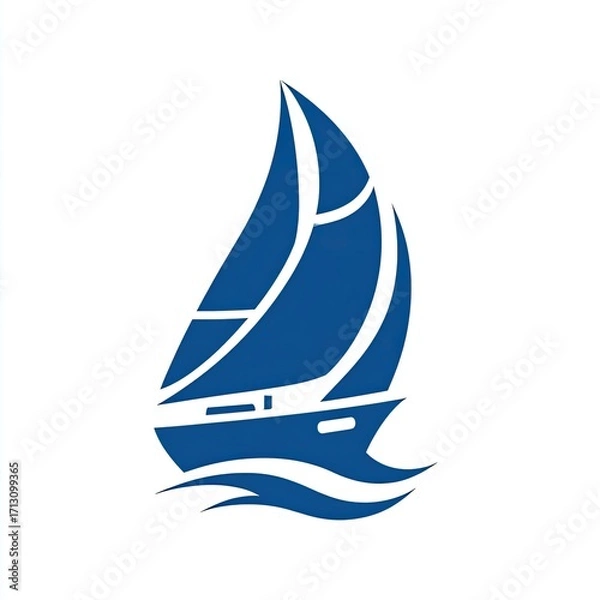 Fototapeta A stylized blue sailboat gracefully sails across simplified waves, conveying a sense of nautical adventure and elegance