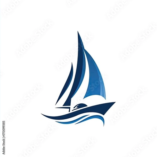 Fototapeta Stylized sailboat icon on white background, featuring gradient blue hues for the sails and hull, sailing on stylized waves