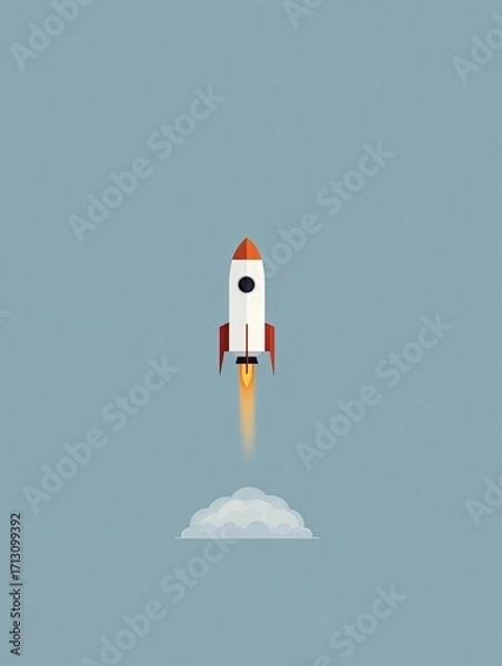 Fototapeta A minimalist illustration of a rocket launching into a light-blue sky, leaving a small cloud behind