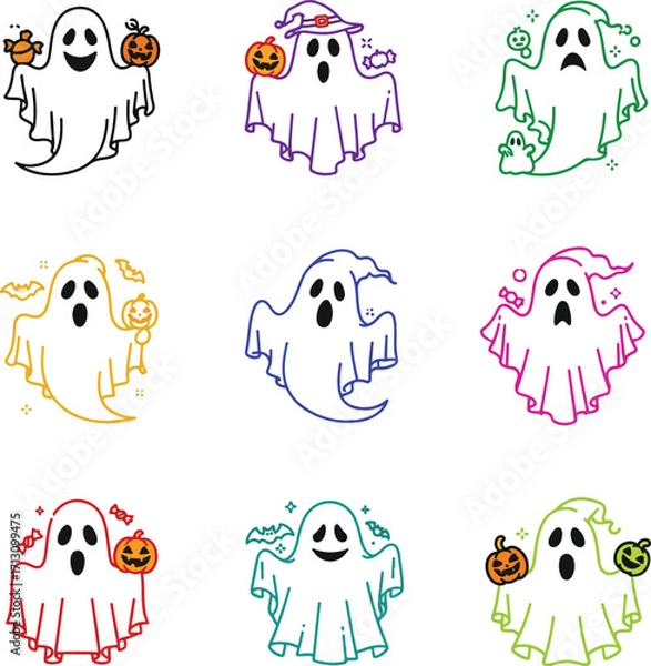 Obraz Colorful Halloween Ghost Icon Pack: Set of 9 Different Ghost Illustrations with Unique Designs and Accessories on a White Background