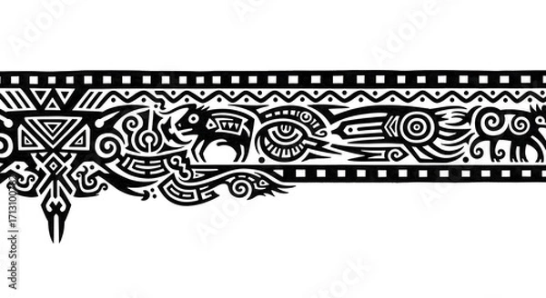 Fototapeta Dynamic black and white tribal art design, perfect for borders and decorative elements